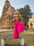 Patricia by temple in sari